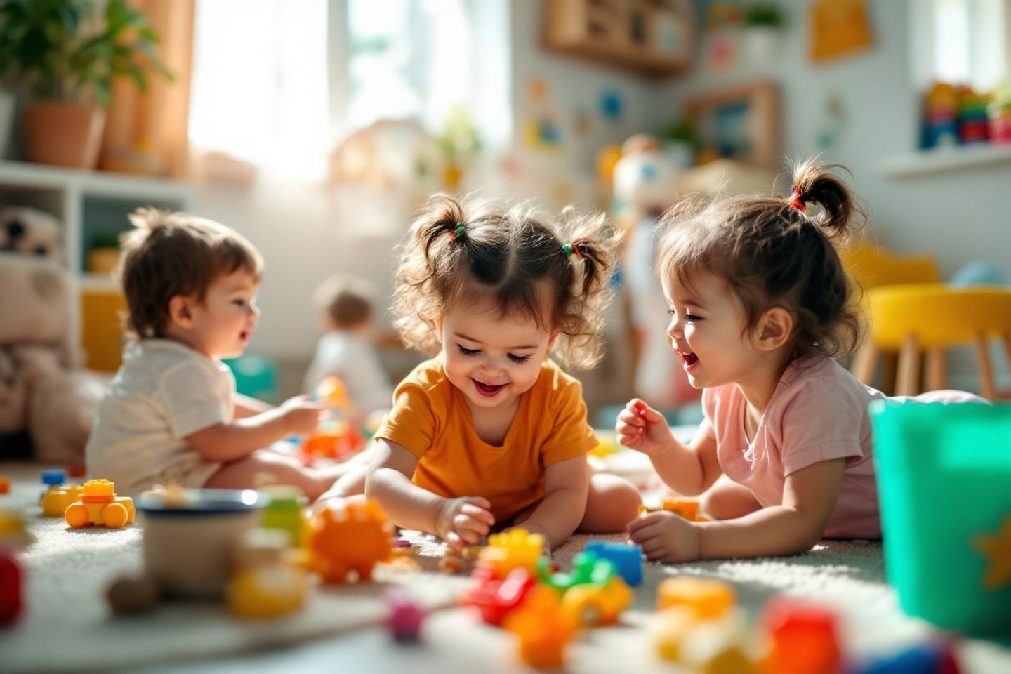 Jeunes enfants souriant et construisant avec des jouets colorés