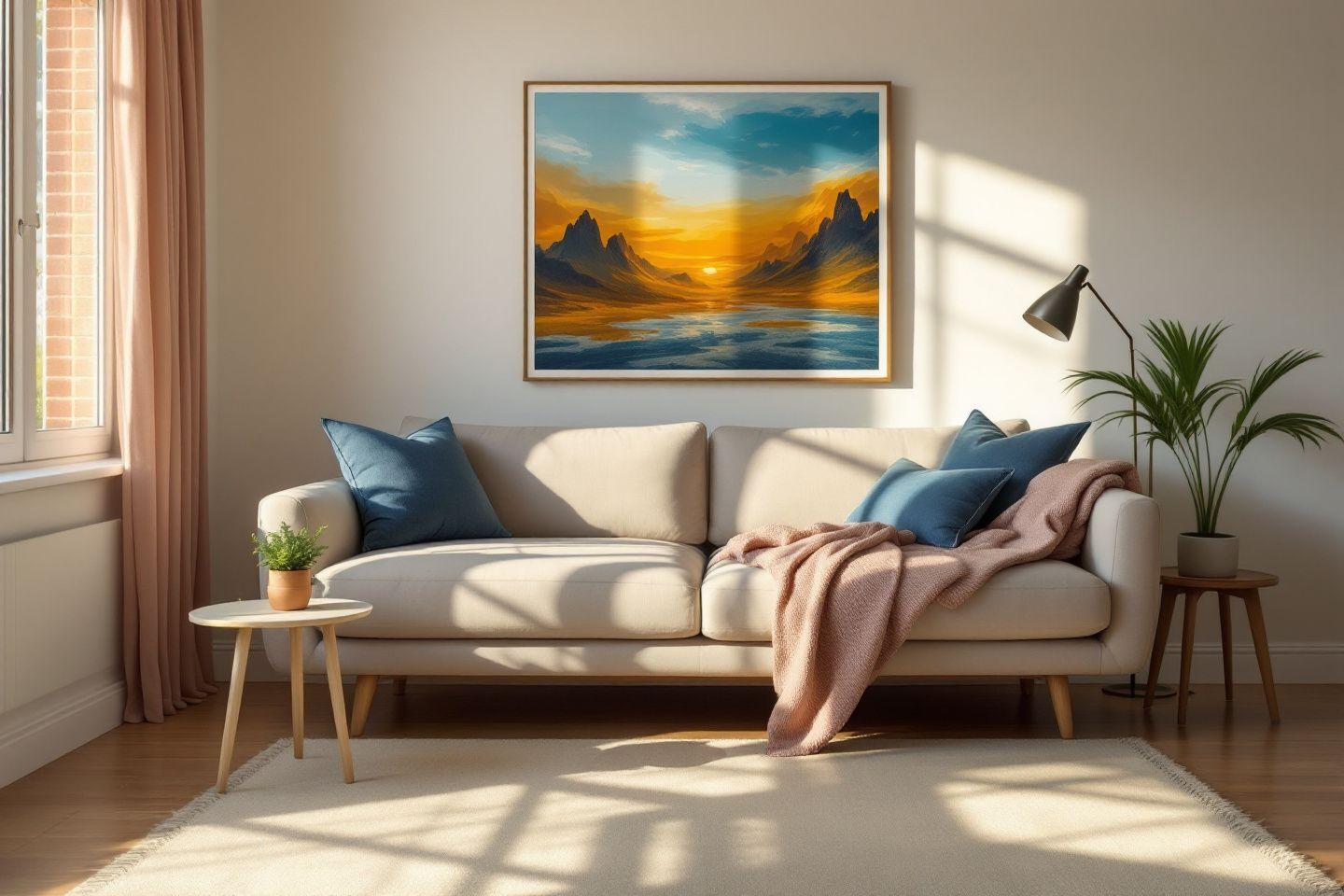 Paysage de montagnes avec ciel doré et lac